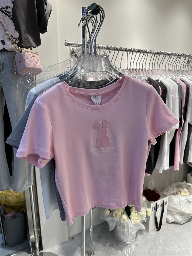 

Embroidery Bunny Short Sleeve T Shirts 2023 New Spring Summer High Waist Skinny Slimming Crop Top Spice Girls White Cotton Tees