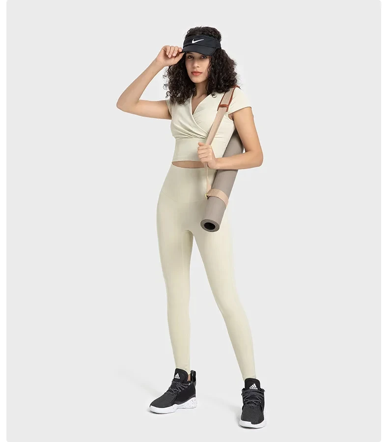 

Lulu Alternative с коротким рукавом, с перекрестной плиссировкой, сексуальный, с V-образным вырезом, с коротким рукавом, с нагрудной подушкой, художественная Складная уличная одежда для йоги