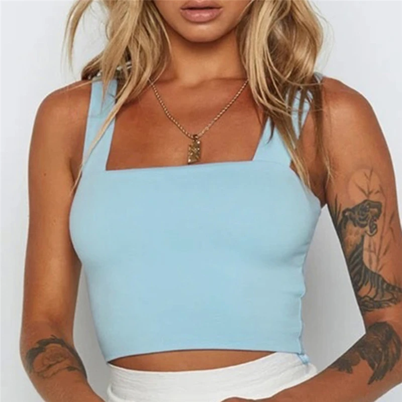 

Square Neck Sleeveless Summer Crop Top Light Blue Women Black Casual Basic T Shirt Off Shoulder Cami Sexy Backless Tank Top