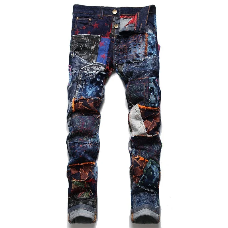 

New Fashion Brand men jeans European&American style 100% cotton denim hip hop patchwork of national flag fashion jeans men