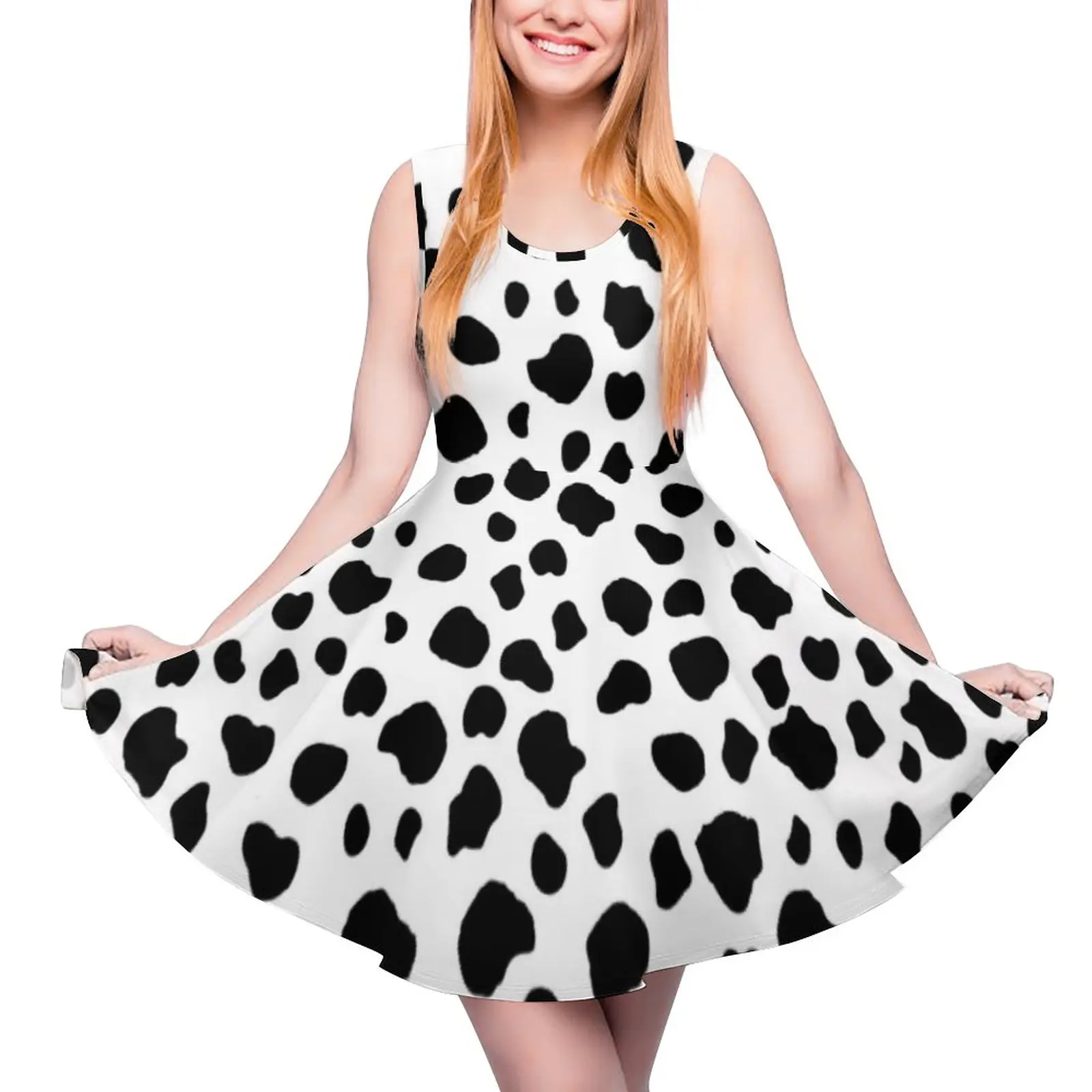 

Cow Print Dress High Waist Black Spot Street Style Dresses Summer Female Oversize Kawaii Graphic Skate Dress