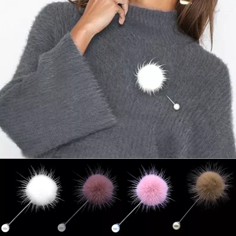 

New Cute Charm Simulated Pearl Brooch Pins For Women Korean Fur Ball Piercing Lapel Brooches Collar Jewelry Gift Kids Girls