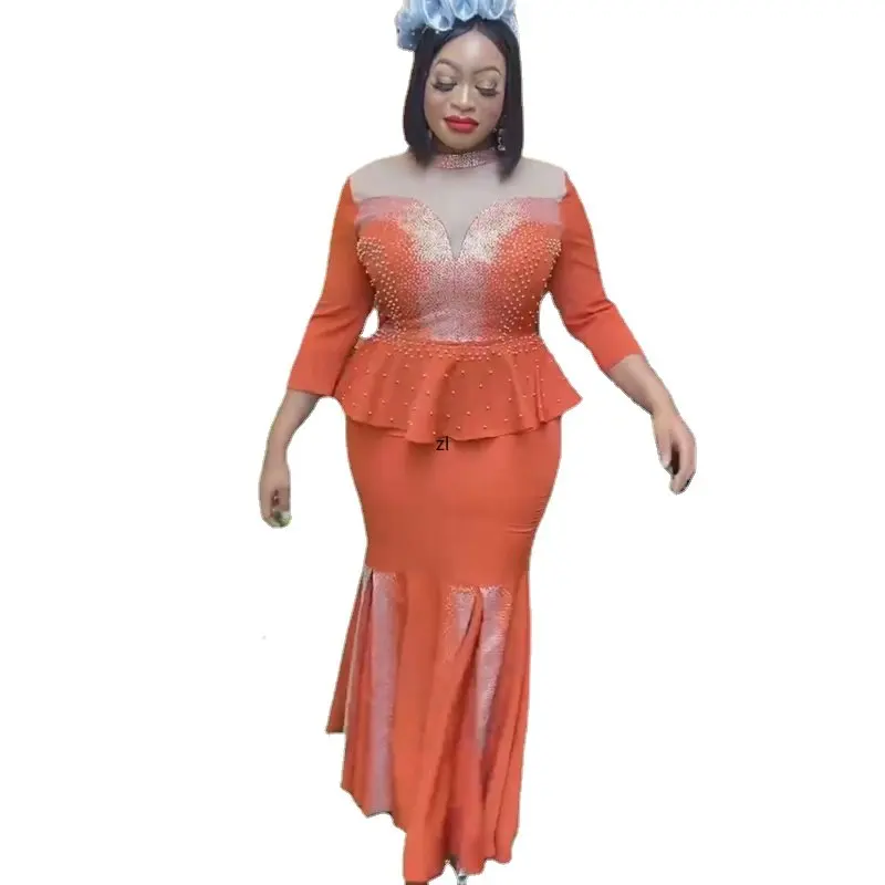 

Two Piece Set Embroidered Flares Tops And Skirt Suit Diamonds Africa Clothes Women Wedding Party Gown Muslim Abaya Ankara Wear
