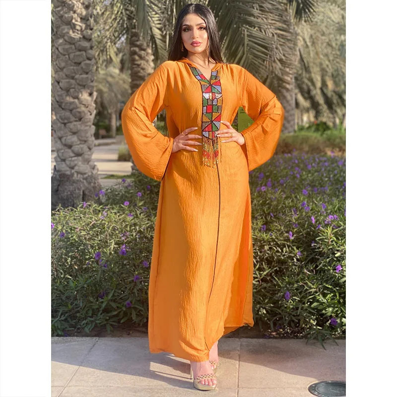 Middle East Muslim Women's Diamond Tassel Hooded Arab Robe Abaya Dubai Jalabia Dress Robe Femme Musulmane Abayas For Women