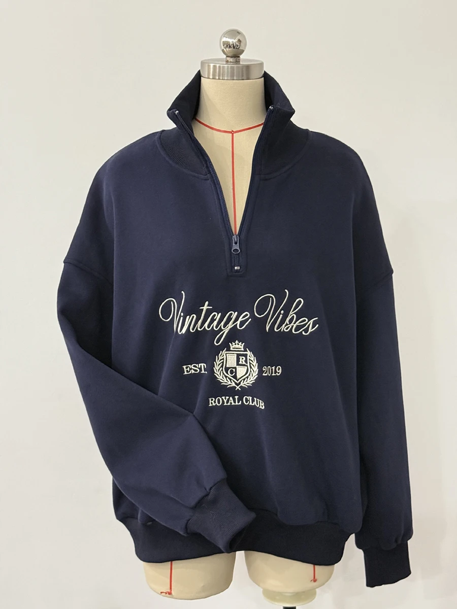 Vintage Letter Embroidery Sweatshirt Women Zipper Lapel Collar Long Sleeve Sweatshirts Autumn Streetwear Fashion Sport Pullovers