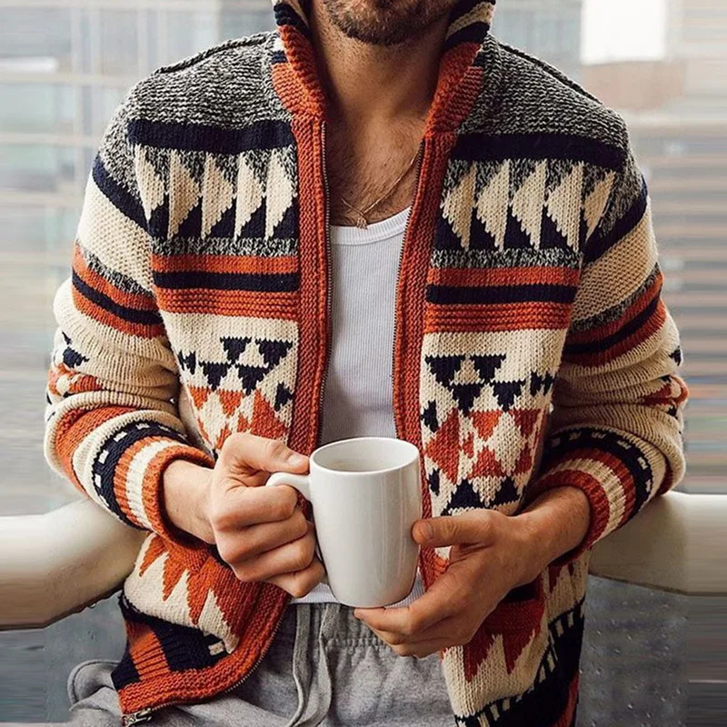 

Men Autumn Sweater Coat Fashion Geometric Pattern Knitted Cardigan Outwear Men Zipper Vintage Sweater Coats Warm Winter Jumper