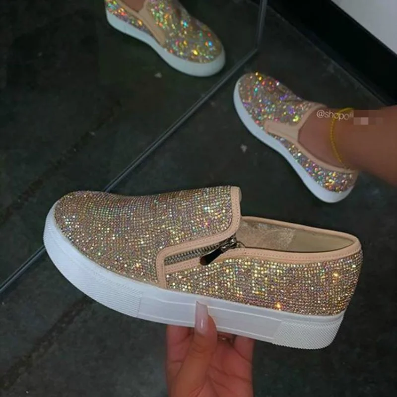 Fashion Loafers Shiny Rhinestone Zipper Shoes Women's Outdoor Casual Shoes Women  2023 New Women's Thick Sole Vulcanized Shoes