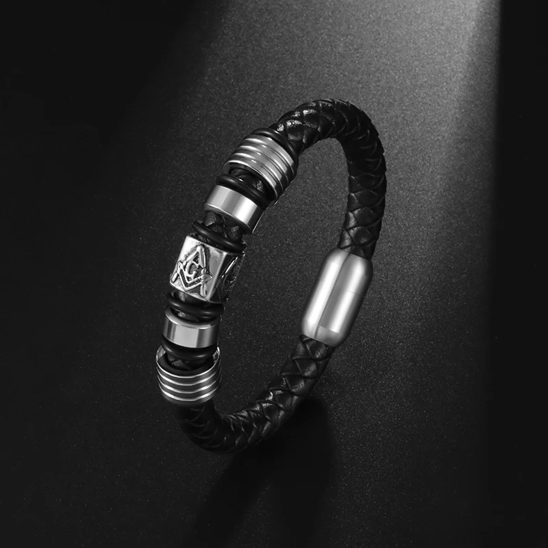 

Statement Classic Black Braided Leather Bracelet Masonic Metal Bracelet Men's Bracelet Casual Sports Jewelry Christmas Gift