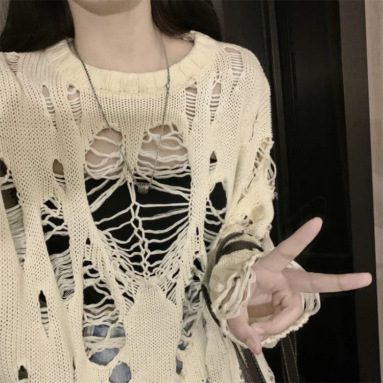 

Japanese Hole Hollow Out Knitted Sweater Female Aurumn New Sun Protection Tops Women Y2k Grunge Long Sleeve Knitted Pullover