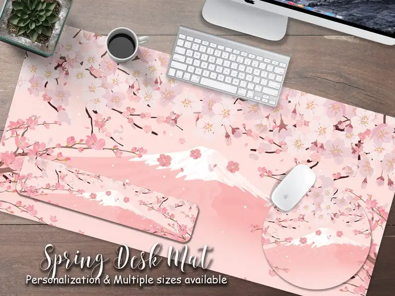 

Kawaii Japanese mousepad Mount Fuji Cherry Blossom Desk Mat, Cute Pink Floral Extended mouse pad, Extra Large Girl gamer Gaming