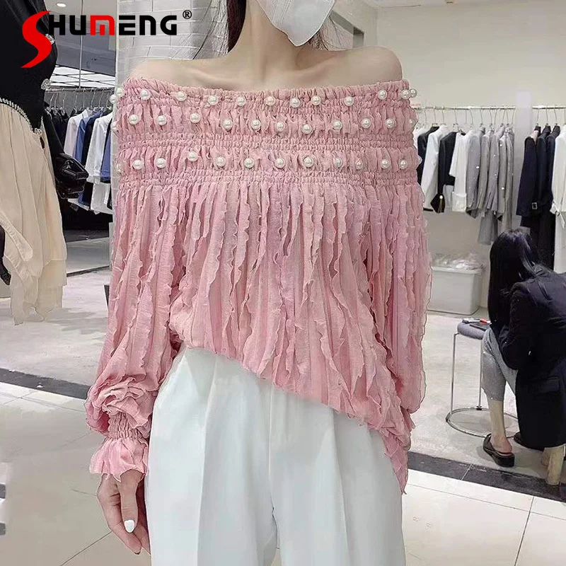 

2022 Spring New Elegant Socialite Pink Pearls Pullover Shirt Loose Women's Off-Shoulder Collar Seaweed Tassel Long Sleeve Tops