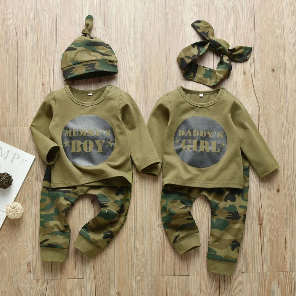

3Pcs Baby Boys Girls Family Letter Newborn Clothes Set Short Sleeve T-shirt Tops Casual Camouflage Pants Infant Toddler Clothing