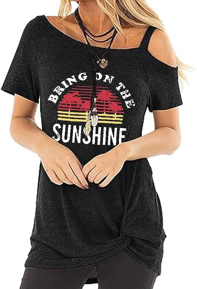 

Bring On The Sunshine Printed Women Cold Shoulder Tops Summer Short Sleeve Shirts Casual Twist Blouse T-Shirt 2