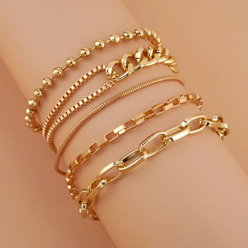 

5pc Female Stainless Steel Cuban Chain Bohemian Gold Plated Performance For Girl Accessories Ins Bracelet Women's Gifts