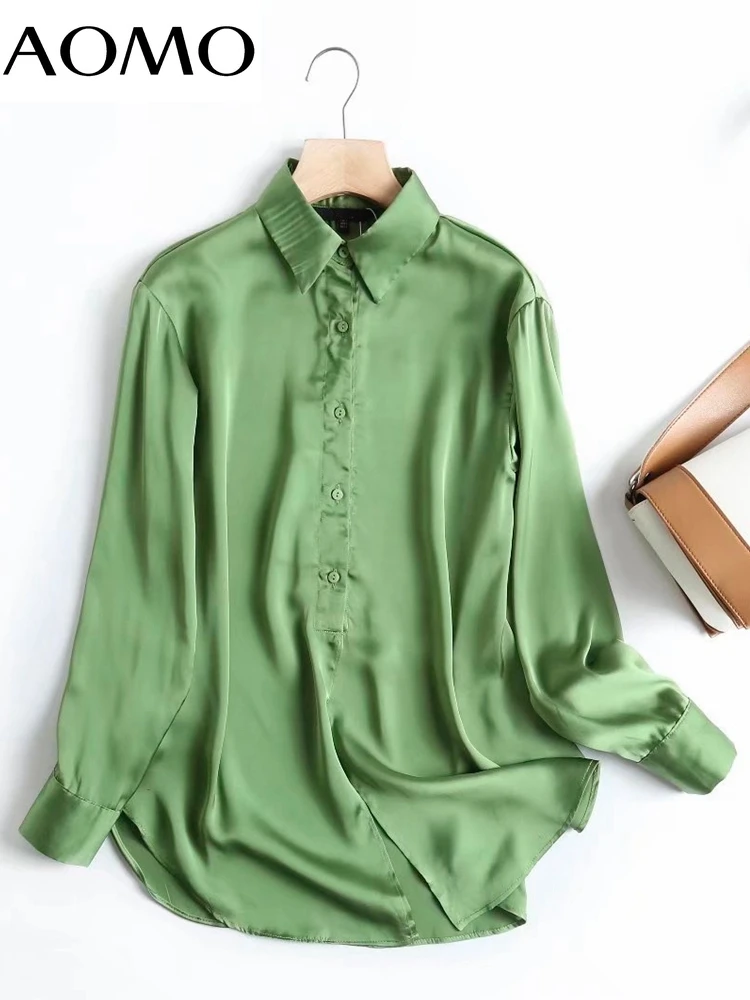 

AOMO 2022 Women High Quality Satin Blouse Long Sleeve Chic Female Office Lady Shirt Blusas Femininas 4C38A