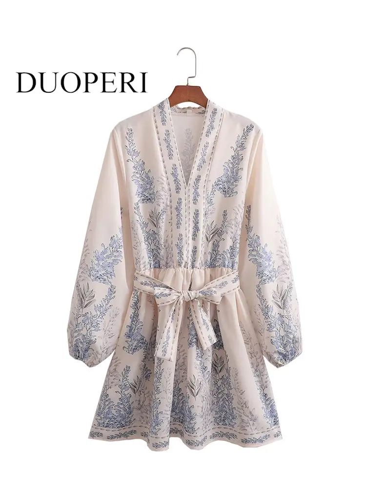 

DUOPERI Women Fashion Printed With Belt Mini Dress Vintage V-Neck Long Sleeves Female Chic Lady Dresses