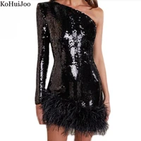 kohuijoo sequin dress women party night beauty sexy slim club feather patchwork one shoulder diagonal collar ladies dresses fall
