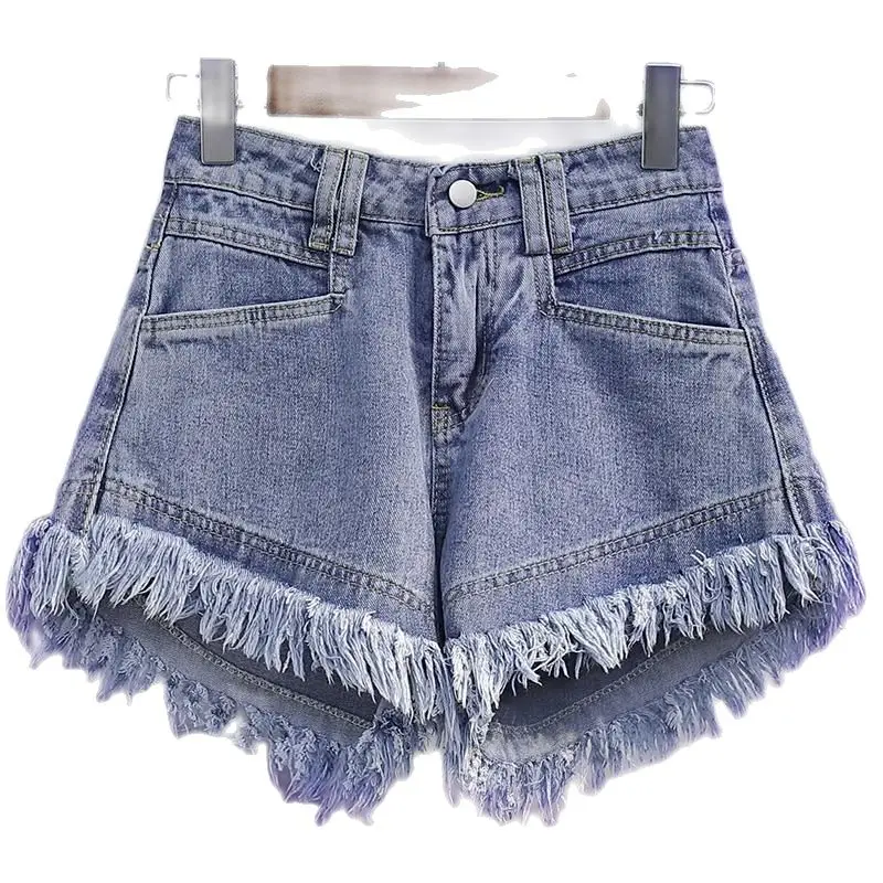 Large Size High Waist Denim Tassel Raw Edge Shorts Women'S Loose Wide-Leg Hot Pants Summer Fashion Korean Clothing 2023 New