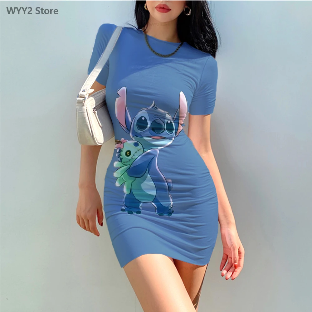 

Disney Creative Design Seaside Stitch Short Skirt Women's Tight Pack Hip Blue Sexy Mini Slim Dress Women's Summer New