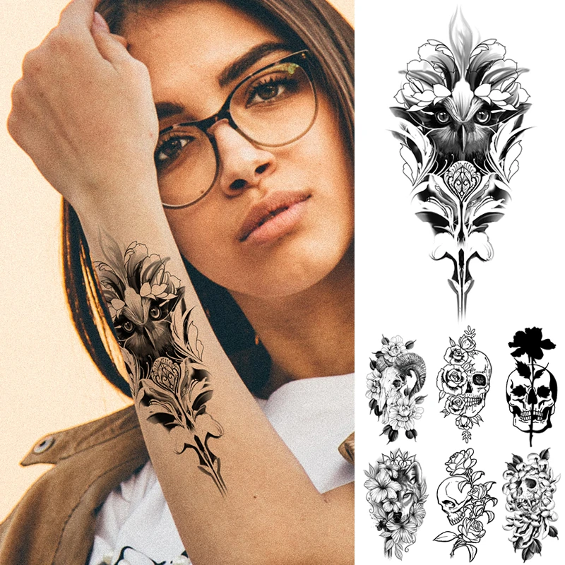 

Сексуальный рукав на руку, временная татуировка, наклейка, Черный Аниме, змея, роза, Череп, темная татуировка, сексуальная для женщин, искусс...