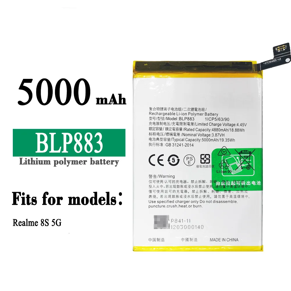 

BLP883 100% Orginal High Quality Replacement Battery For OPPO Realme 8S 5G Mobile Phone Large Capacity 5000mAh Latest Batteries
