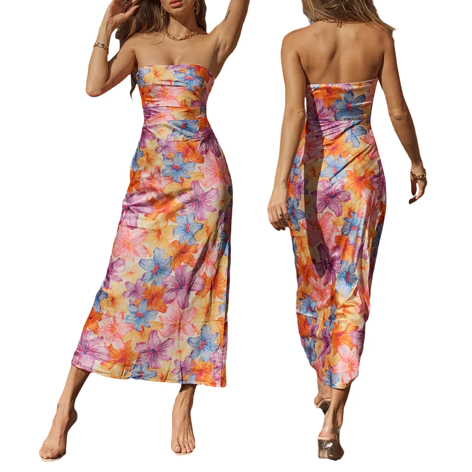 

Женское летнее сексуальное длинное облегающее платье Y2K с цветочным принтом, вырезом лодочкой, без бретелек, платье-футляр с открытой спиной для женского клуба