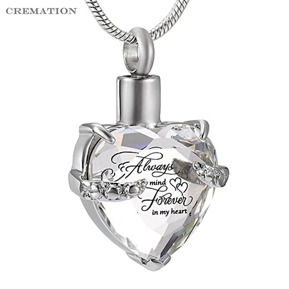 

Crystal Inlay Cremation Jewelry For Ashes Stainless Steel Always Mind Forever In My Heart Keepsake Memorial Pendant Urn Necklace