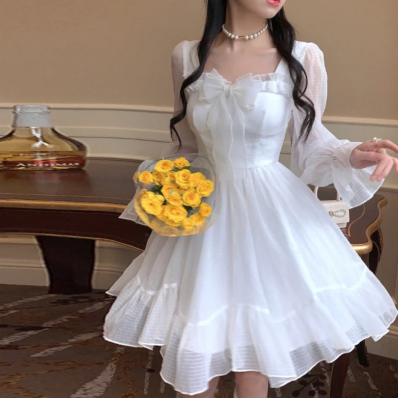

Белое милое женское шифоновое платье в стиле Лолита, мини-платья с длинным рукавом и бантом, волшебное платье с оборками и квадратным вырезо...