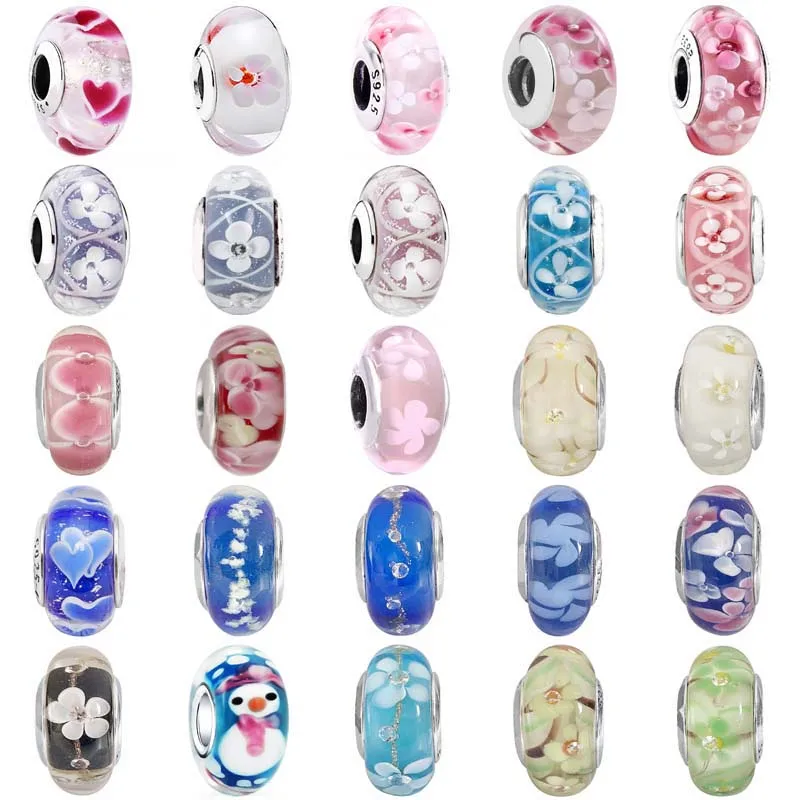 

Violet Wild Hearts Cherry Blossom Flower Lampwork Murano Glass Charm 925 Sterling Silver Beads Fit Pandora Bracelet Diy Jewelry