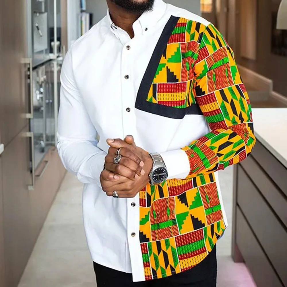 

Print Lapel Geometric Fashion Single-Breasted Men's Shirt Spring Fashion Print Man Blouse Tops Slim Casual African Clothing 2022
