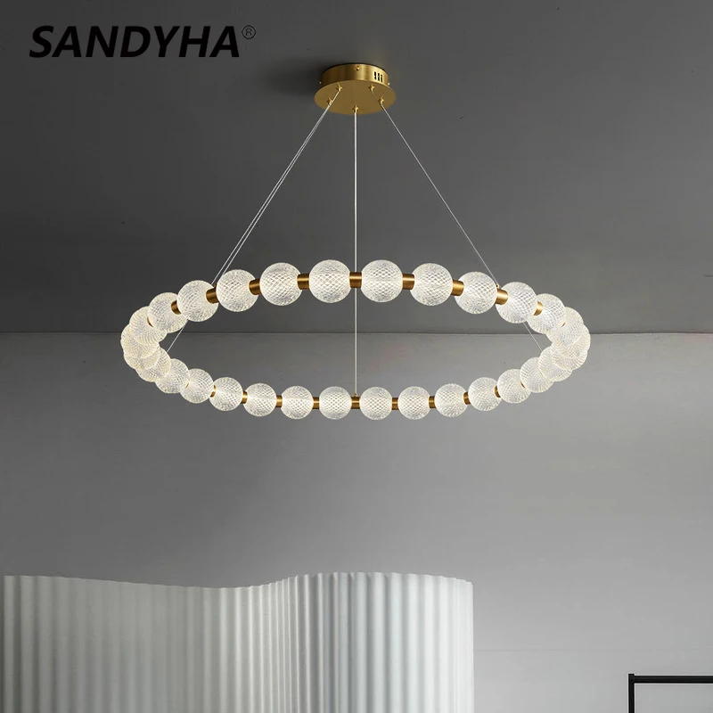 

SANDYHA Chandeliers Cream Nordic Pearl Necklace Pendant Light Led Ring Lamp for Living Room Home Decor Lustre Salon Design Luxe