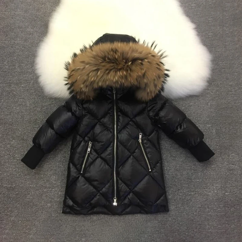 

Checkered Natural Fur Boys Jacket Thick Down Girls Coat Winter Hoodie Warm Kids Parka Clothes Windproof Children Overcoat Outfit