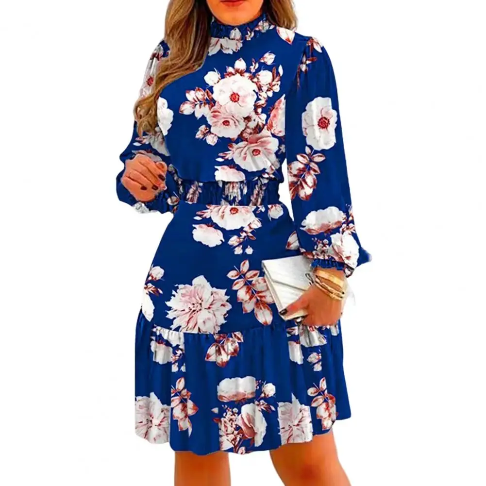 

Women Dress Piled Collar Long Sleeve Elastic Waist High-Waist Mini Dress Flower Print Ruffle Stitching Hem Summer Dress Female