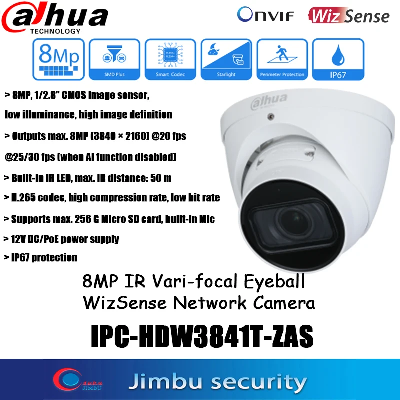 

Dahua IPtv IPC-HDW3841T-ZAS 8MP 4K POE H.265 Starlight IR50M Built-in Microphone SD Card Eyeball WizSense CCTV Indoor IP Camera