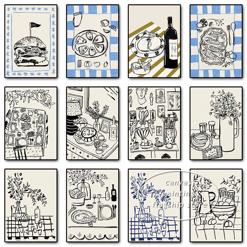 Кухонный стол пищевая иллюстрация рыба вино фрукты постер и печать холст картина