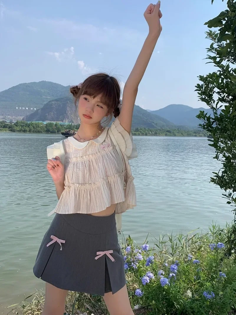 Лето 2024 розовая рубашка в полоску с кукольным воротником и коротким рукавом топ