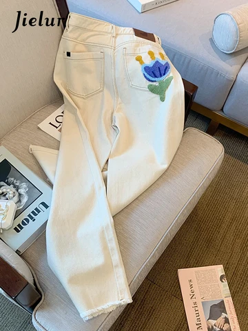 Jielur Towel Embroidered High Waist Women's Jeans Chic New Slim Straight Women Pants Female Casual Apricot Jeans S-XL