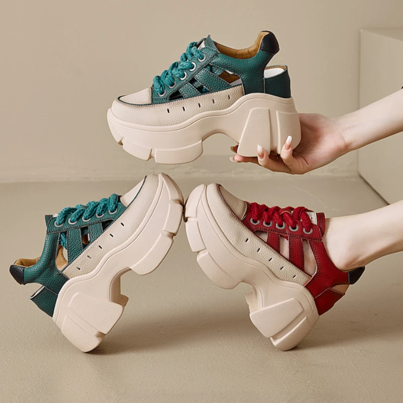 8.5cm Chunky Sneakers Genuine Leather Slides Summer Ankle Vulcanize Hollow Women Platform Sandals Wedge Breathable Female Shoes