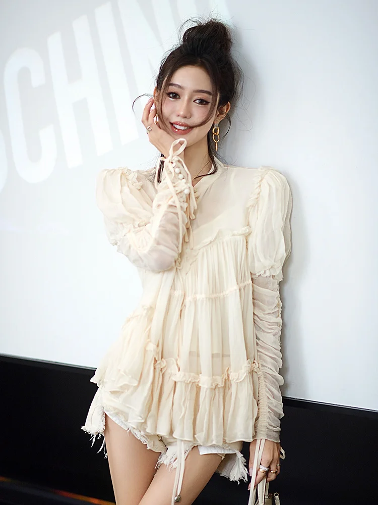 

Женская Асимметричная длинная шифоновая блузка абрикосового цвета с оборками, новая ажурная Свободная рубашка с круглым воротником и длинным рукавом, лето 2023