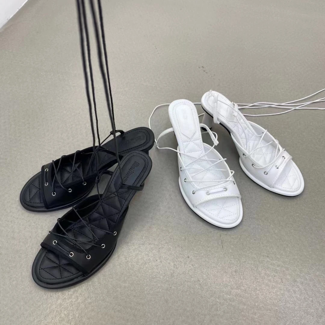 

Round Toe Women Sandals Cross Tied Lace Up Round High Heels Ankle Strap Summer Dress Shoes Black White Ladies Wedding Sandals