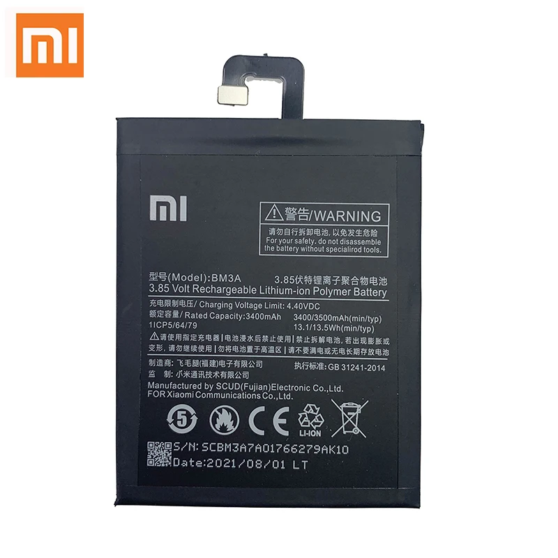 xiao mi original phone battery bm3a for xiaomi mi note 3 note3 replacement battery 3400mah high capacity phone batteries free global shipping