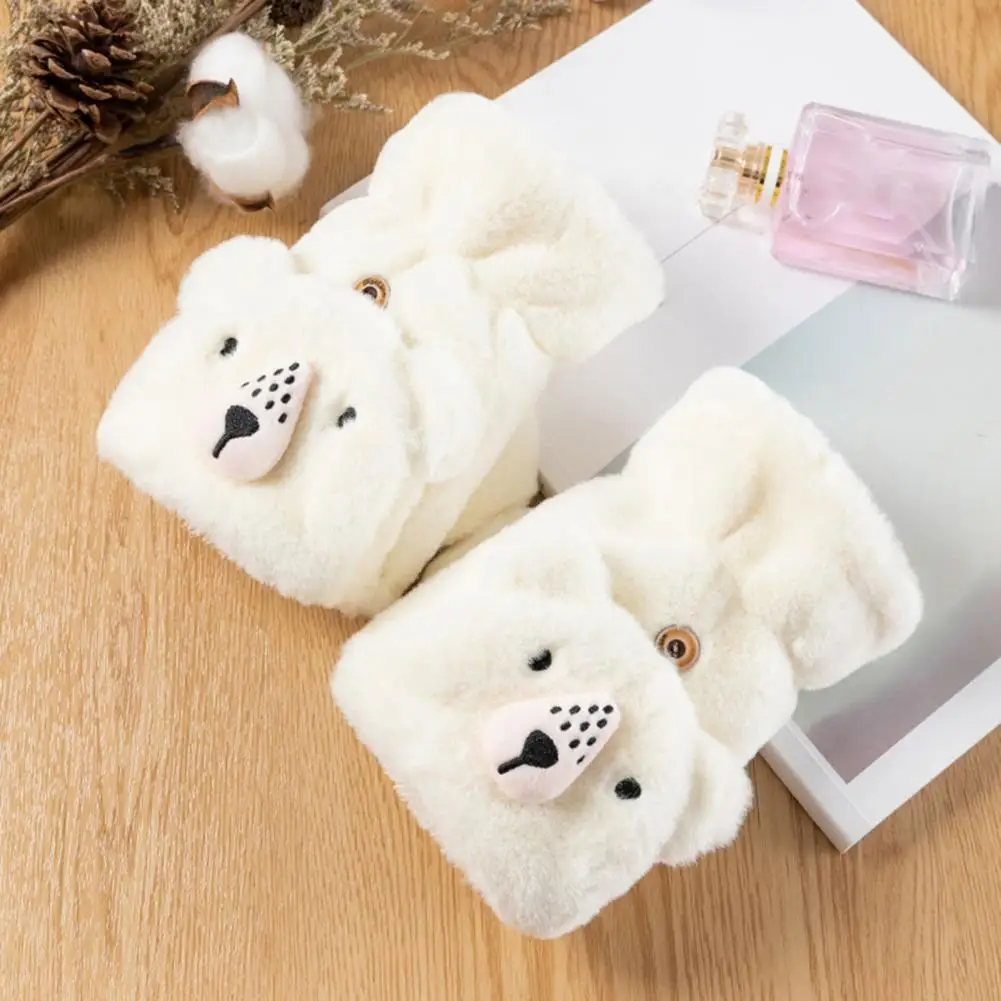 

1Pair Nice-looking Thumb Hole Cartoon Bear Decor Windproof Women Winter Typing Mittens for Outdoor Plush Gloves Women Gloves