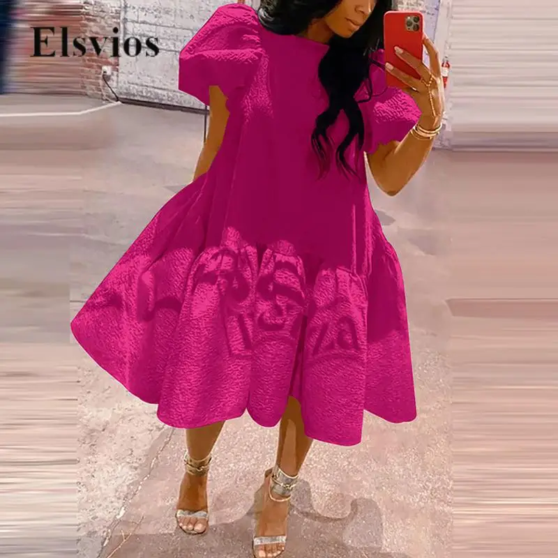 

Vintage Puff Shoulder Commuting Long Dress Casual Loose Hem O Neck Women A-Line Dress New Fashion Elegant Solid Lady Party Dress