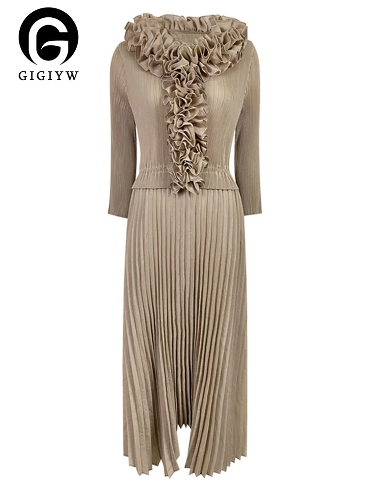 

Женское плиссированное платье GIGIYW, с воротником-шарфом, с вышивкой, с длинными рукавами, асимметричное, в стиле пэчворк, свободная весенняя ...