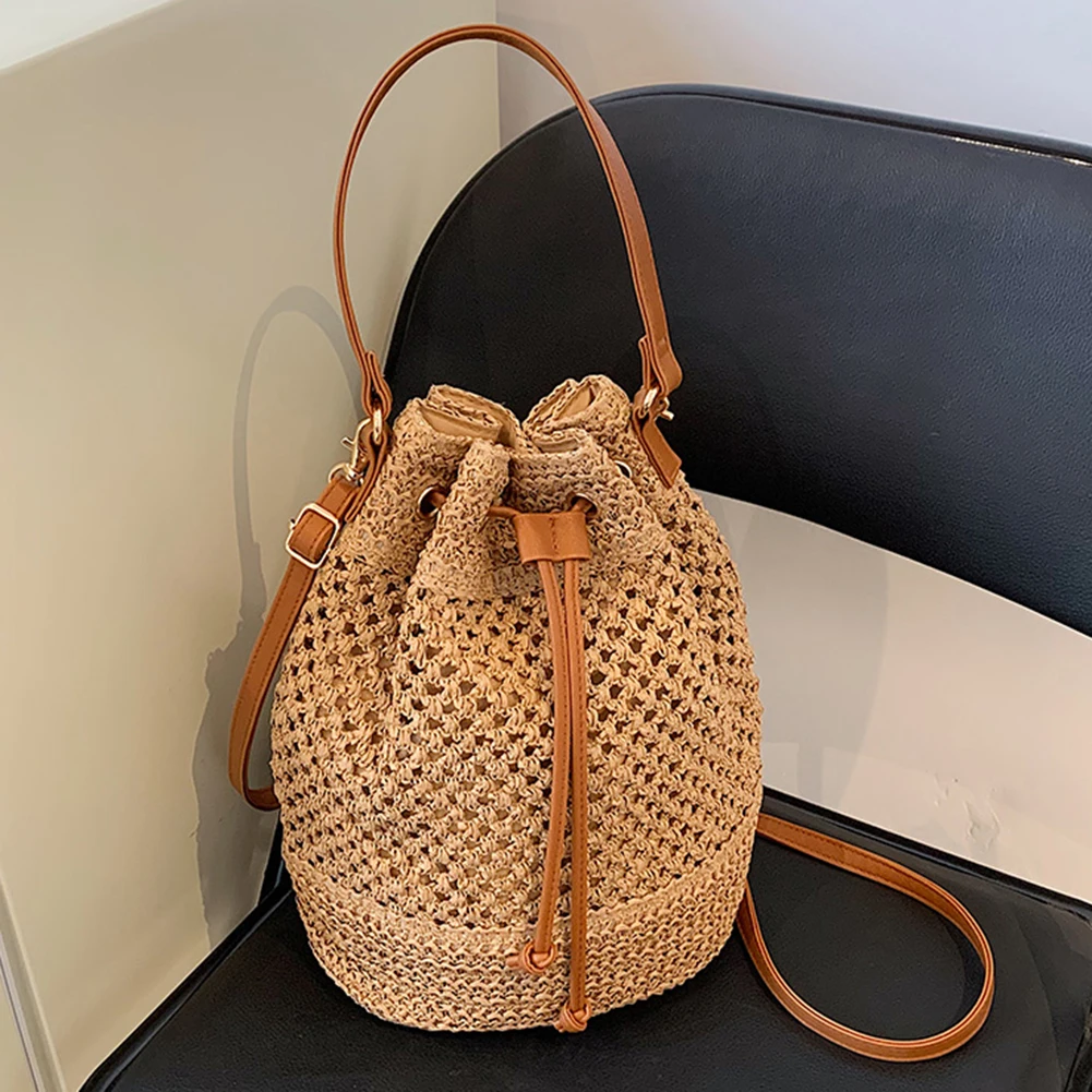 

Summer Top-handle Bags Drawstring Straw Bucket Bag Adjustable Strap Fashion Casual Simple Portable Elegant for Weekend Vacation