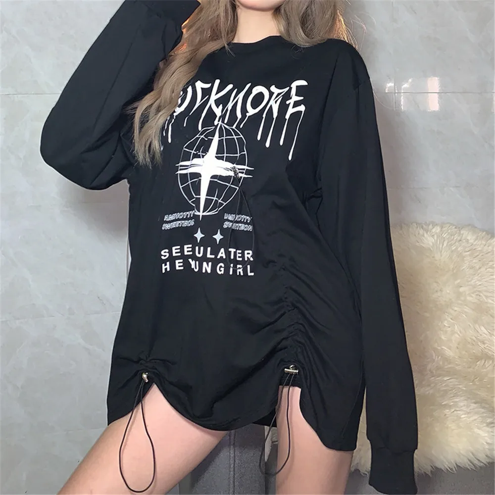 

Women's T-Shirt Gothic Retro Darkness Y2K Spring New Pleated Design Ins Personality Pullover Loose Round Neck Sweater 2022 New