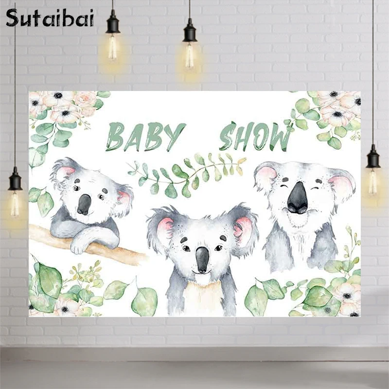 

Koala Theme Green Tree Leaves Flowers Backdrop Baby Shower Party Decoration Background Banner Props Photophone Photo Zone Vinyl