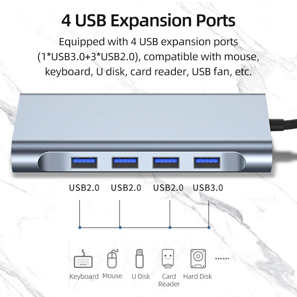 11-в-1 хаб Type-C корпус из алюминиевого сплава с USB2.0 USB3.0 HD VGA PD RJ45 портами SD TF слотами