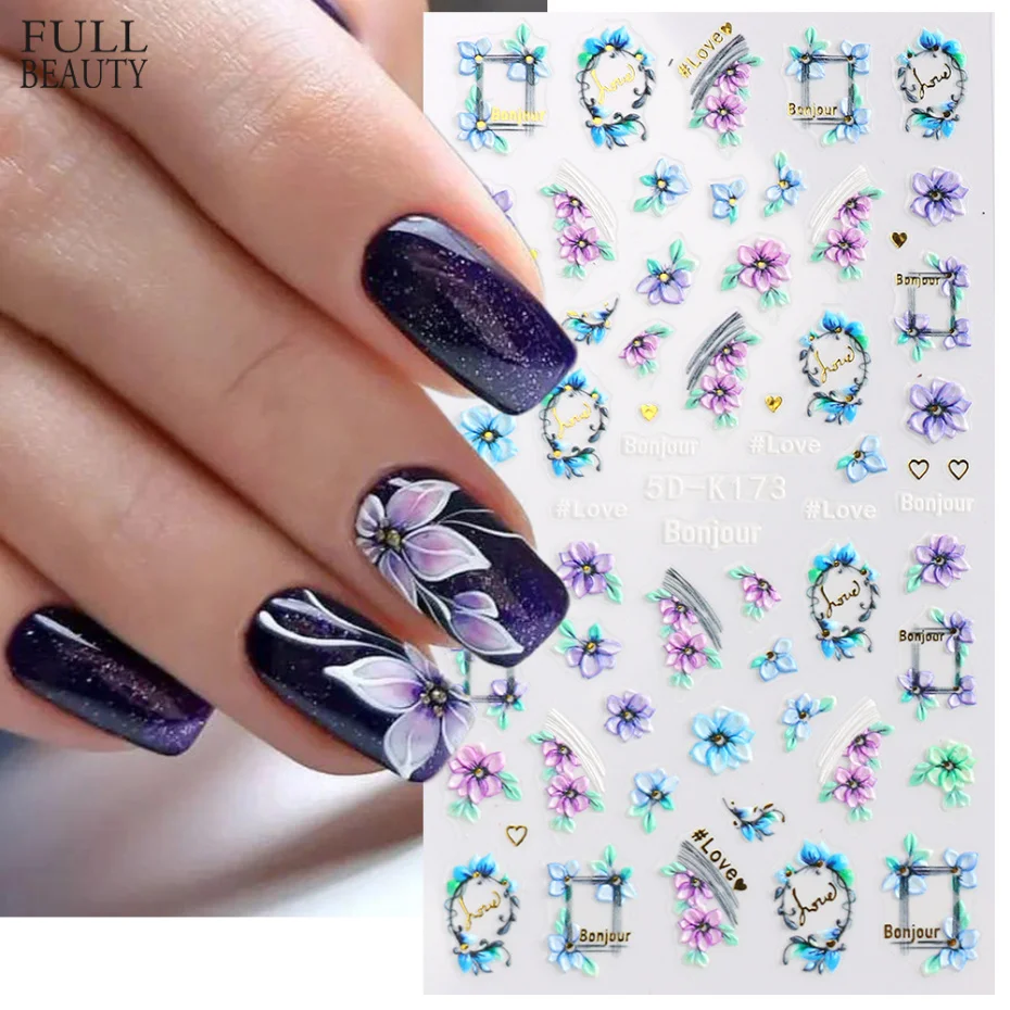 

Фиолетовый венок 5D рельефные наклейки украшения для ногтей геометрические цветы встроенные в линии слайдер Сделай Сам французский дизайн ...