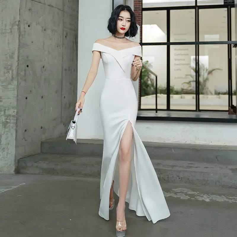 

TMD-8642#Evening Dress Long Off Shoulder Trumpet Wedding Party Prom Burgundy Dark Blue White Red Cheap Wholesale Slit dresses